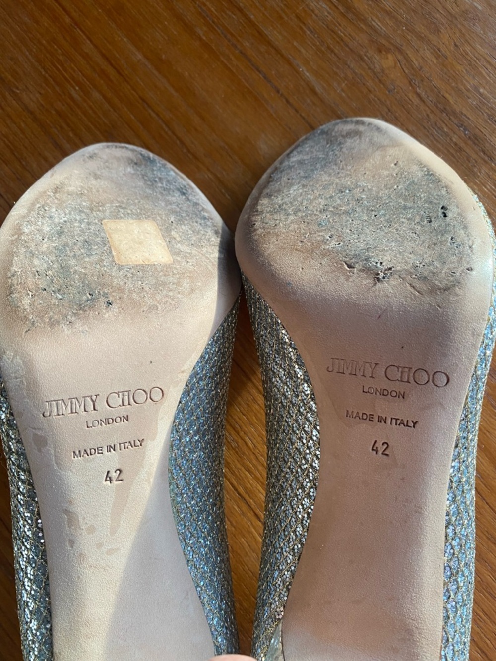 Jimmy Choo Silver Glitter Peep Toe Pumps - Picture 6 of 7